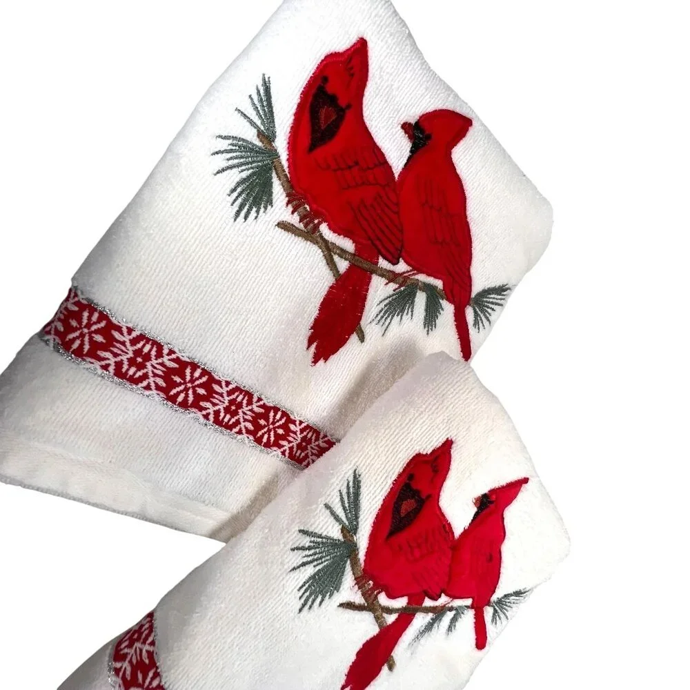 Santens Embroidered Cardinal Bath Towel Set of 2 USA Holiday Sparkle Snowflake